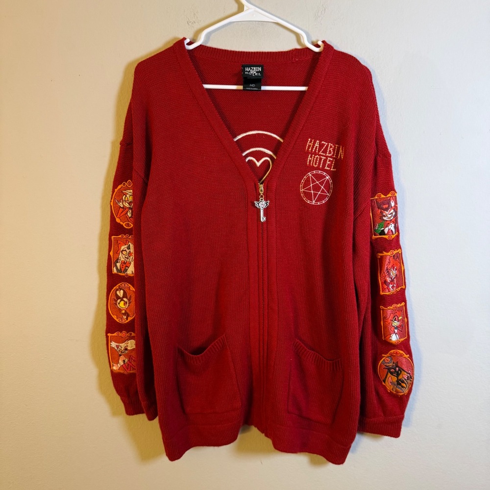 Hazbin Hotel Hot Topic Red Zip Up Cardigan Sweater Character Sleeve Patches‎ MD